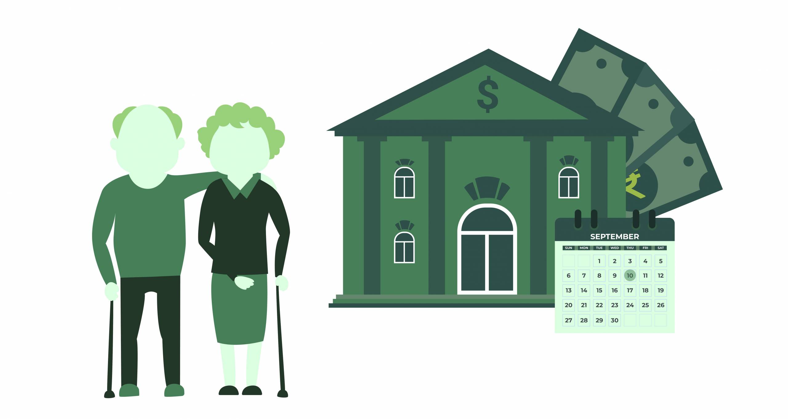 A cartoon image of a man and women of retirement age standing next to a house.