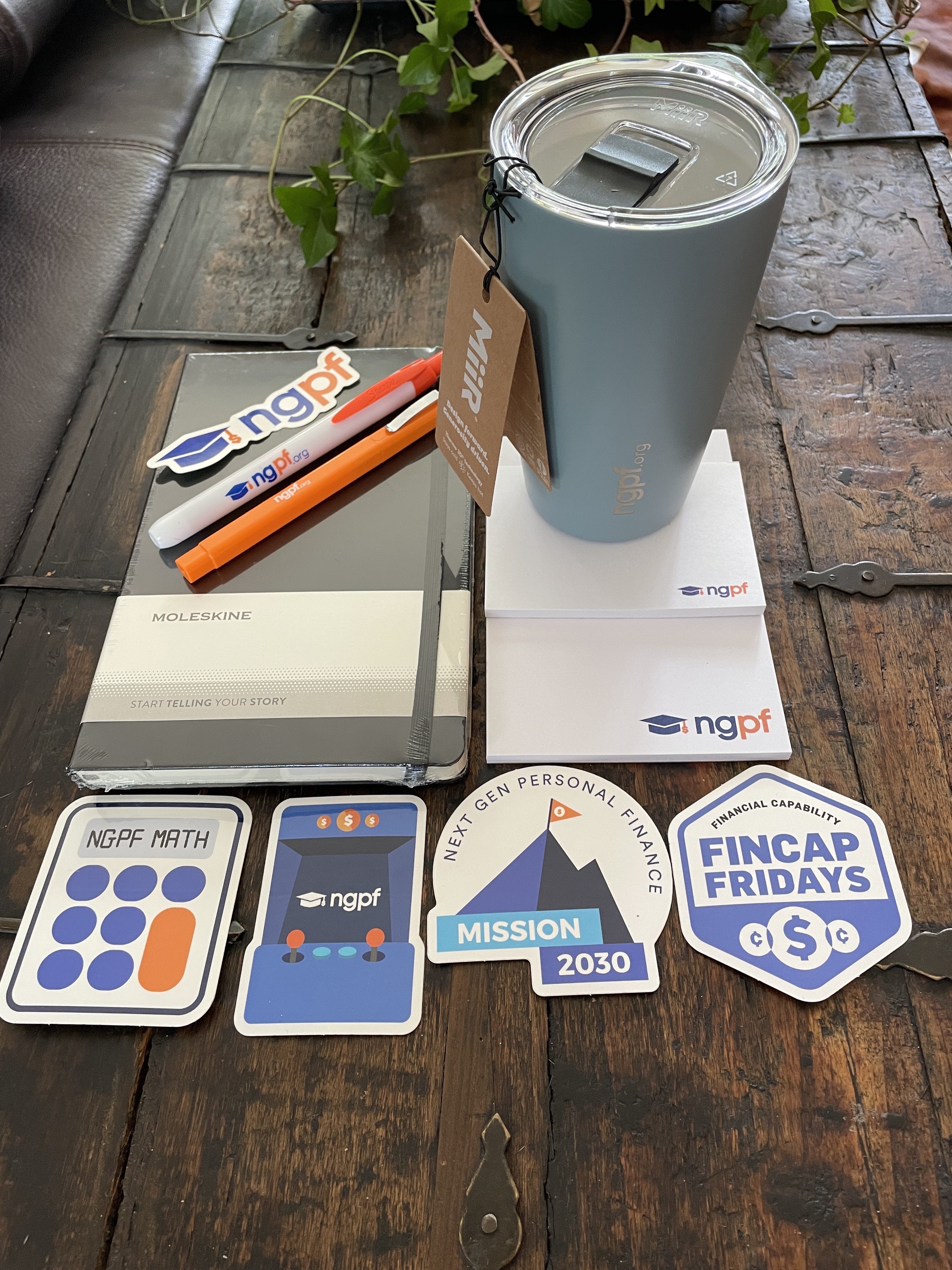 Photo of NGPF Swag on top of a table.