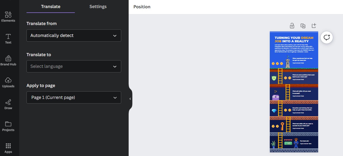 Screenshot of Canva screen where you choose a language for translation.