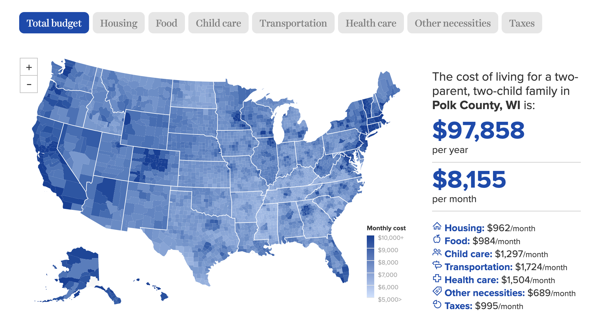A screenshot of the interactive map that shows a breakdown of the cost of living for counties across the United States
