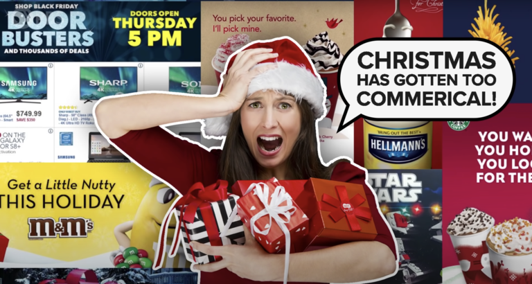 A woman in a Santa hat, carrying presents, looking distraught in front of logos of some of the biggest brands in the U.S.