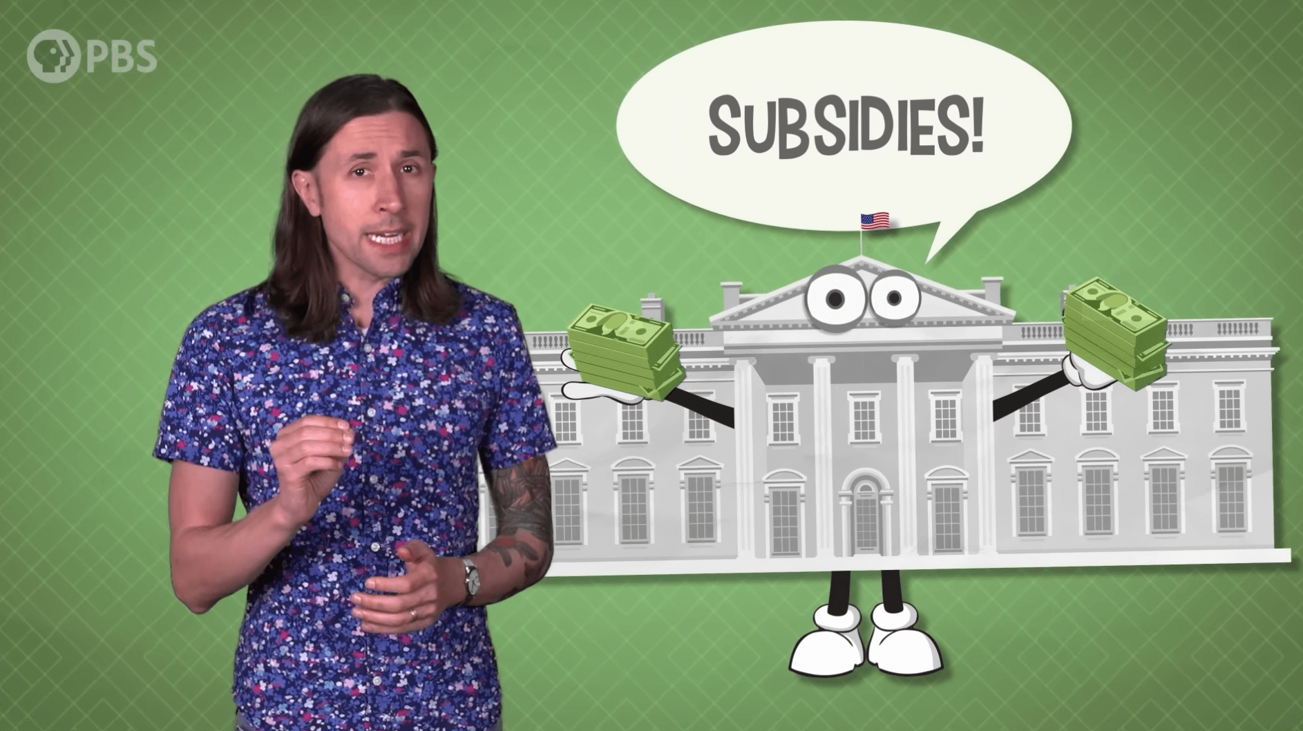The video creator standing in front of a cartoon drawing of a federal building that has arms holding cash, with a chat bubble that reads "subsidies!"