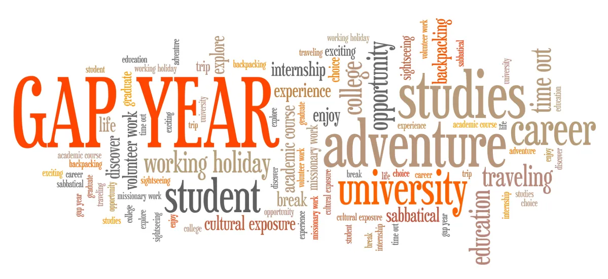 A word cloud showing common words associated with a gap year.